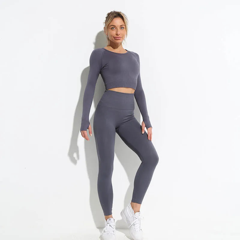 Seamless Sports Suit for Women, Yoga Set, Workout Clothes, Fitness Wear, Long Sleeve Crop Top, High Waist Leggings, Gym Clothing