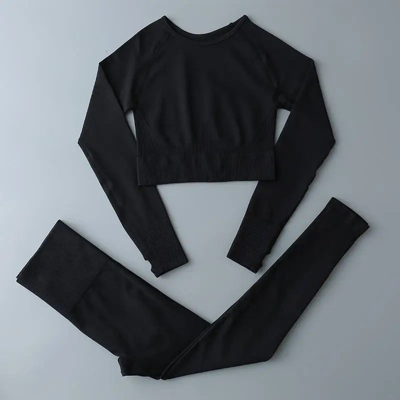 Seamless Sports Suit for Women, Yoga Set, Workout Clothes, Fitness Wear, Long Sleeve Crop Top, High Waist Leggings, Gym Clothing
