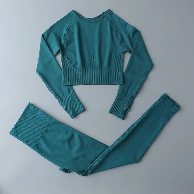 Seamless Sports Suit for Women, Yoga Set, Workout Clothes, Fitness Wear, Long Sleeve Crop Top, High Waist Leggings, Gym Clothing