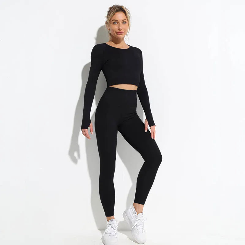 Seamless Sports Suit for Women, Yoga Set, Workout Clothes, Fitness Wear, Long Sleeve Crop Top, High Waist Leggings, Gym Clothing