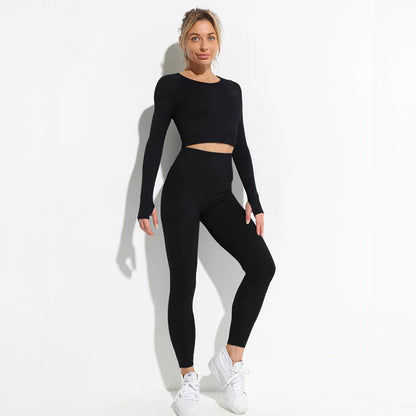 Seamless Sports Suit for Women, Yoga Set, Workout Clothes, Fitness Wear, Long Sleeve Crop Top, High Waist Leggings, Gym Clothing