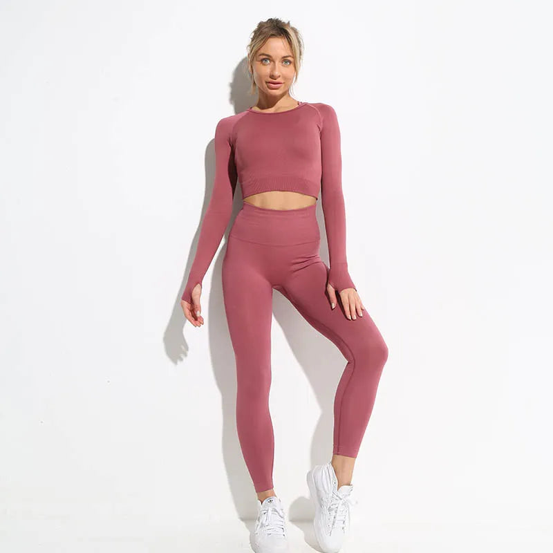 Seamless Sports Suit for Women, Yoga Set, Workout Clothes, Fitness Wear, Long Sleeve Crop Top, High Waist Leggings, Gym Clothing