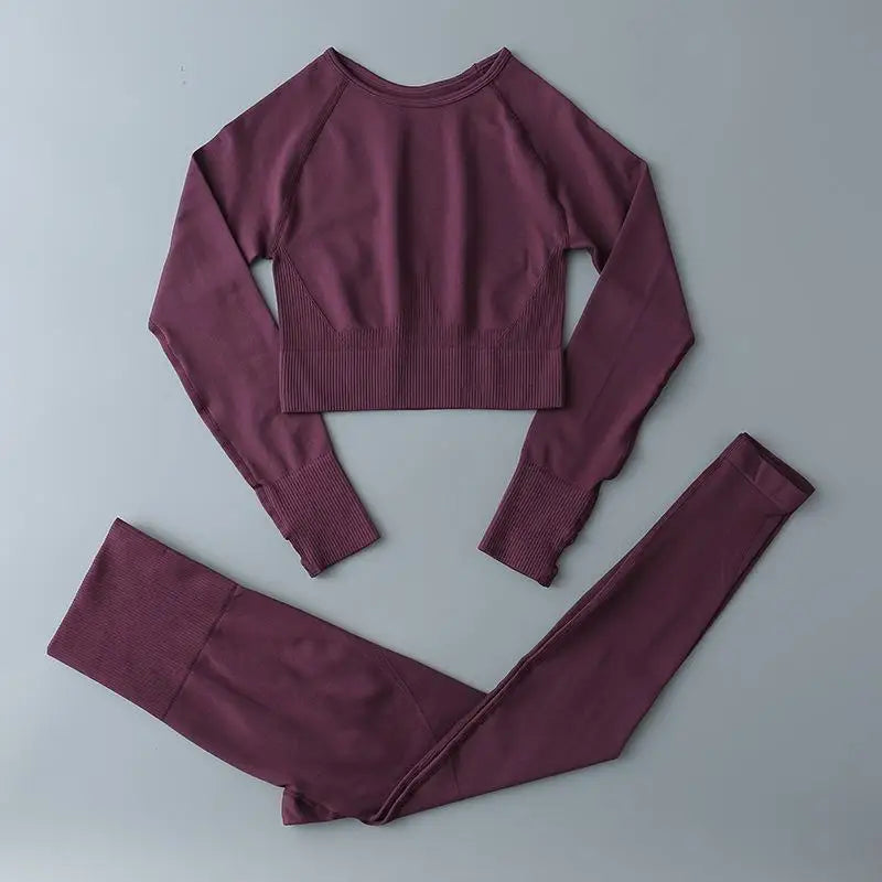 Seamless Sports Suit for Women, Yoga Set, Workout Clothes, Fitness Wear, Long Sleeve Crop Top, High Waist Leggings, Gym Clothing