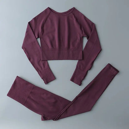 Seamless Sports Suit for Women, Yoga Set, Workout Clothes, Fitness Wear, Long Sleeve Crop Top, High Waist Leggings, Gym Clothing